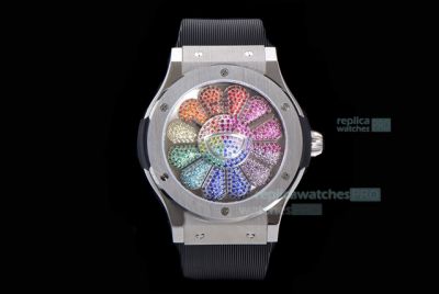 2022 New! Swiss Hublot Takashi Murakami Black Rainbow SS Bezel Watch 45mm 